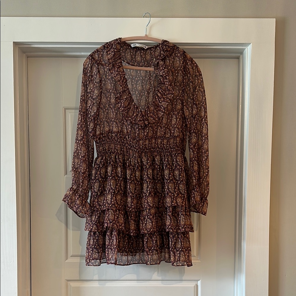 Zara Maroon Patterned Ruffle Dress